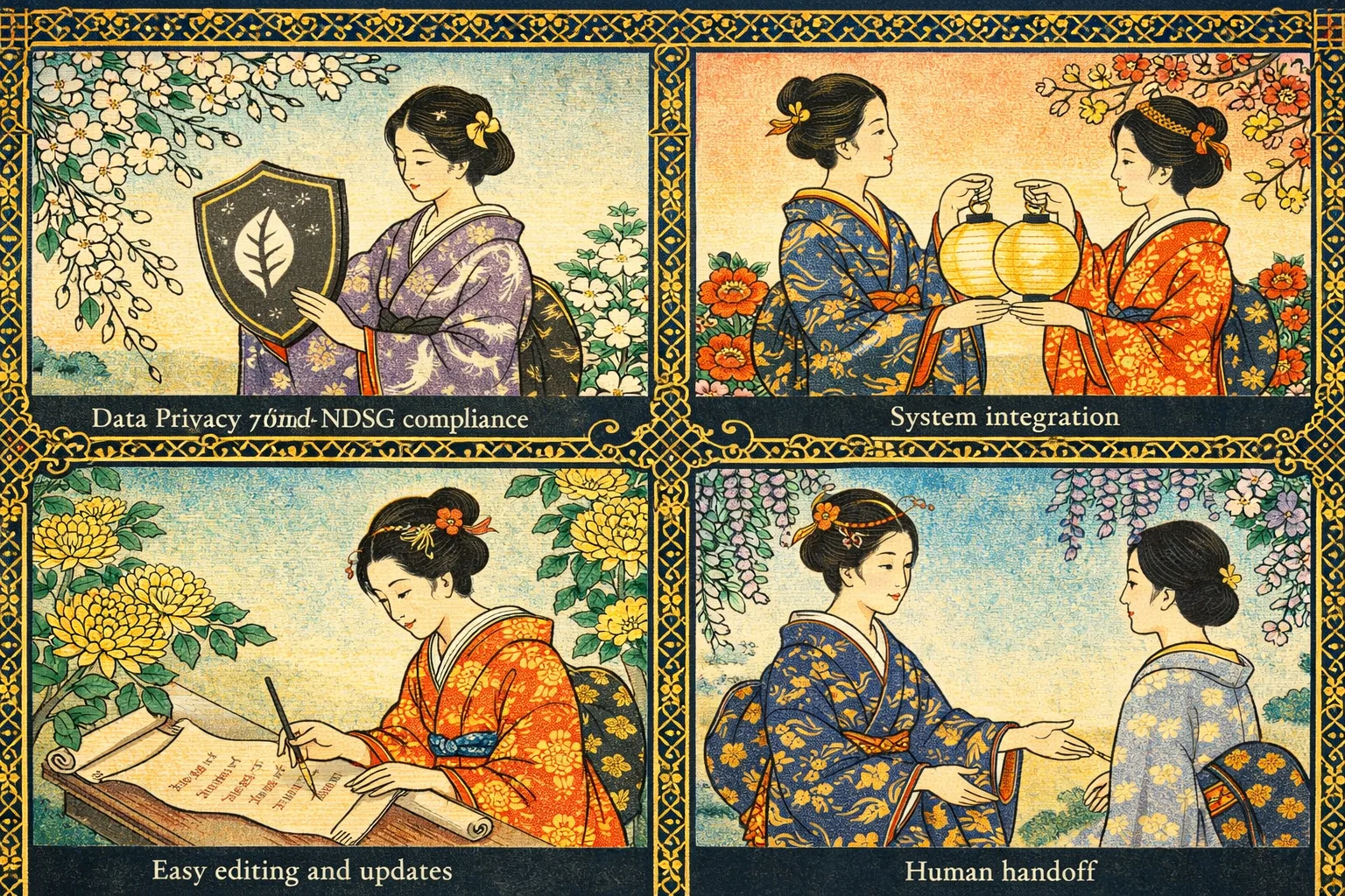 Ukiyo-e illustration showing four graceful figures representing the criteria for choosing the right AI chatbot — data privacy, integration, easy updates, and human handoff