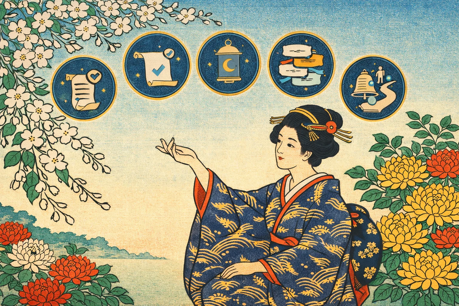 Ukiyo-e woodblock print illustration showing five AI chatbot features as decorative medallions — appointment booking, after-hours service, multilingual support, automated reminders, and patient triage