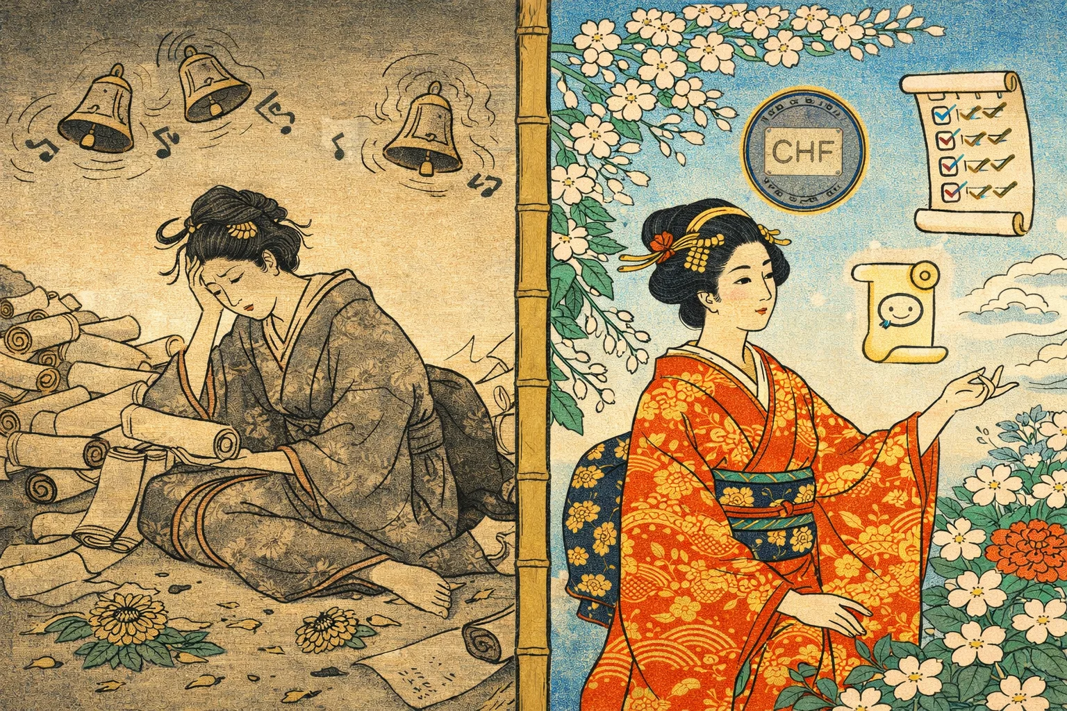 Ukiyo-e diptych showing before and after implementing an AI chatbot in a Swiss clinic — overwhelmed receptionist on the left, calm and efficient on the right