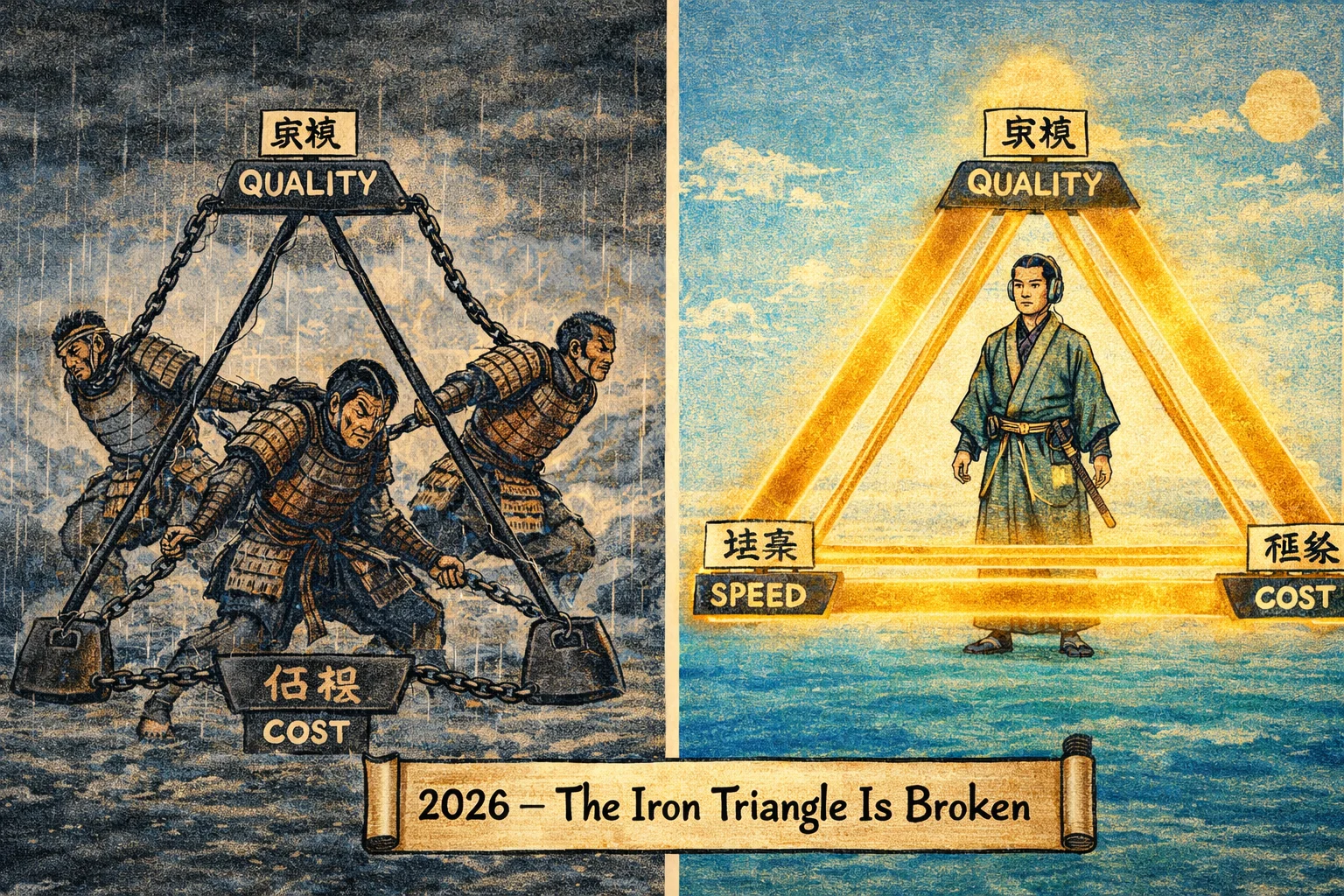 Stampa xilografica giapponese Ukiyo-e che mostra tre guerrieri incatenati a un triangolo di ferro nella tempesta versus uno sviluppatore sereno potenziato dall'IA con il triangolo che fluttua liberamente nel sole