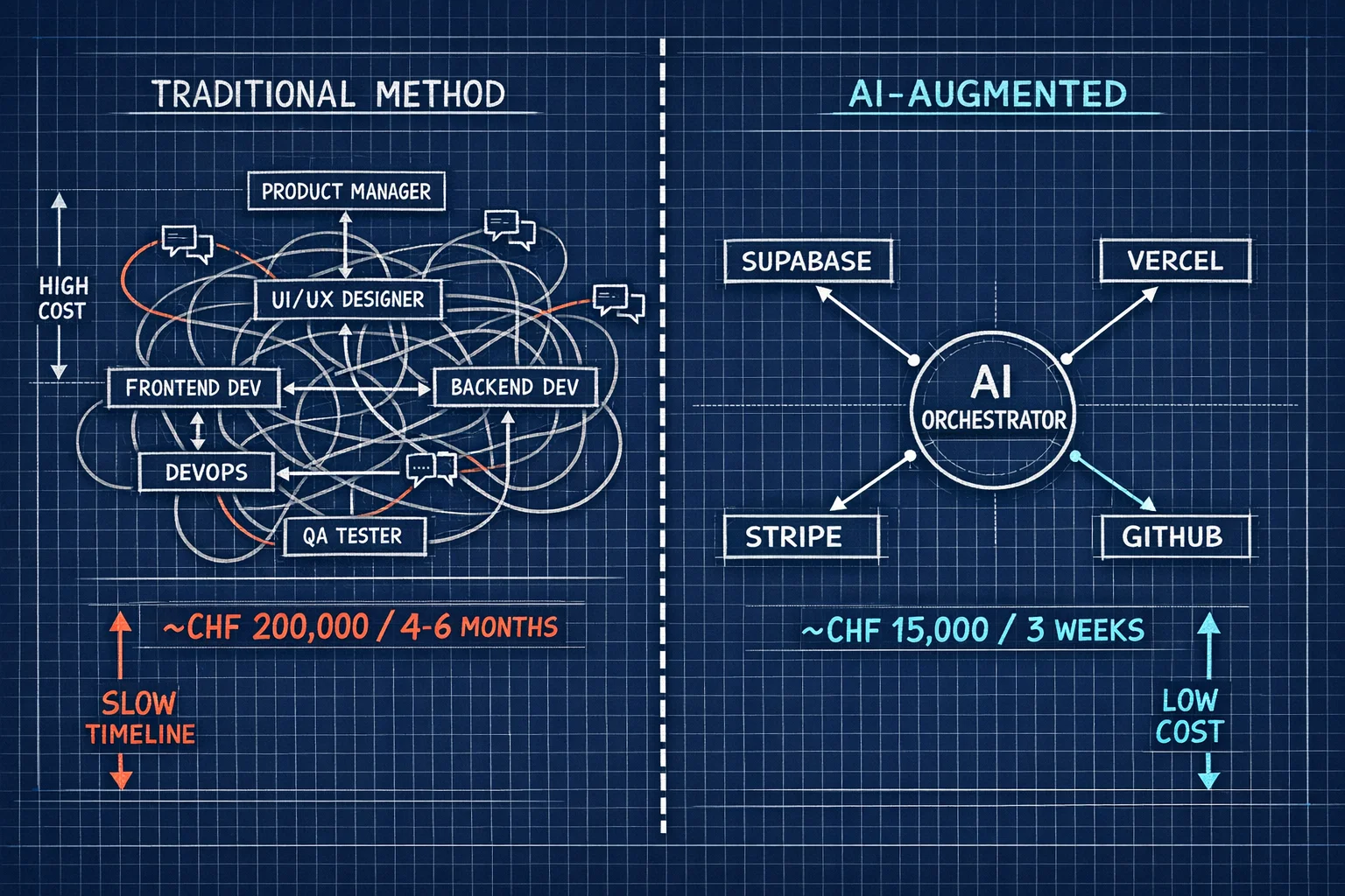 Plan d'ingénierie comparant le développement SaaS suisse traditionnel (5-7 spécialistes, CHF 200k, 4-6 mois) à gauche vs le modèle d'architecte augmenté par IA (1 personne, moins de CHF 15k, 3 semaines) à droite