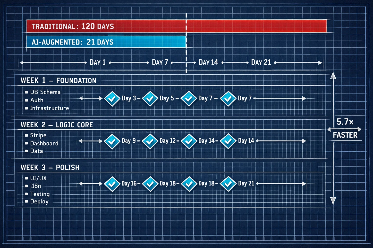 Timeline en plan d'ingénierie du sprint SaaS de 21 jours : Semaine 1 fondation et architecture, Semaine 2 facturation et cœur logique, Semaine 3 peaufinage et déploiement