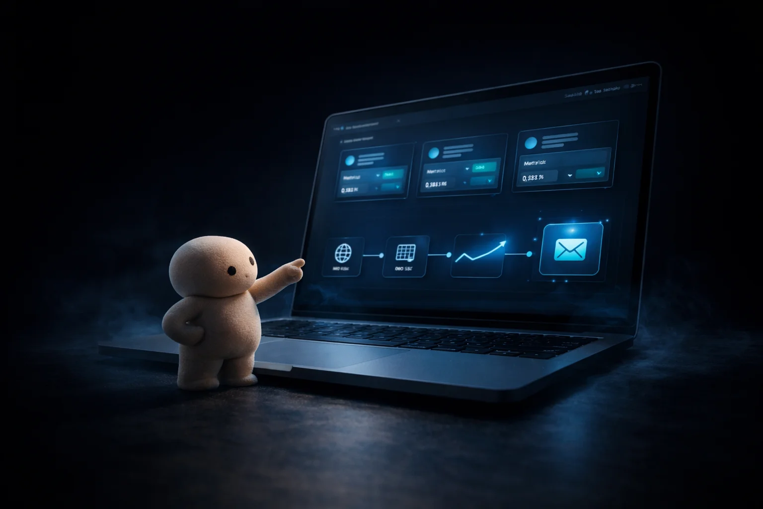 A tiny clay character pointing proudly at a SaaS campaign dashboard on a MacBook