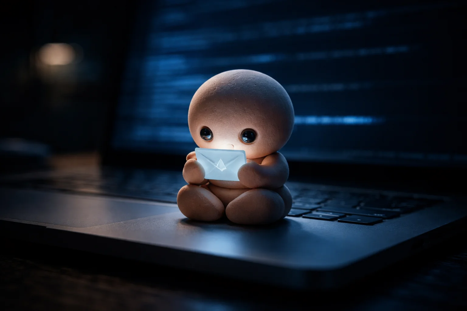 A tiny clay character sitting on a laptop examining a glowing envelope, terminal code on screen behind it
