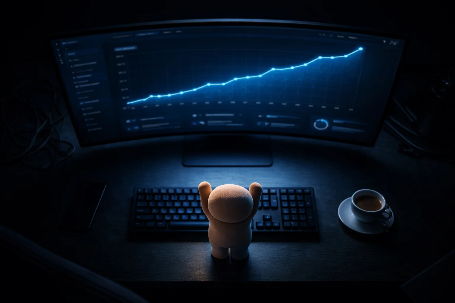A tiny clay character with arms raised looking at an upward trending graph on a curved monitor