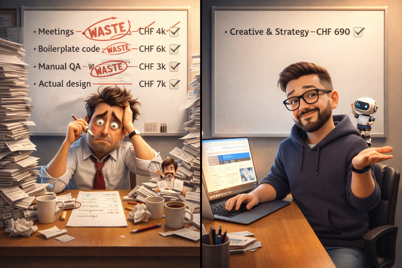 Scène Pixar 3D avec deux bureaux — chef d'agence chaotique avec GASPILLAGE tamponné sur 65% de son tableau blanc contre le développeur calme de Lopes2Tech avec une seule ligne propre et un assistant robot IA