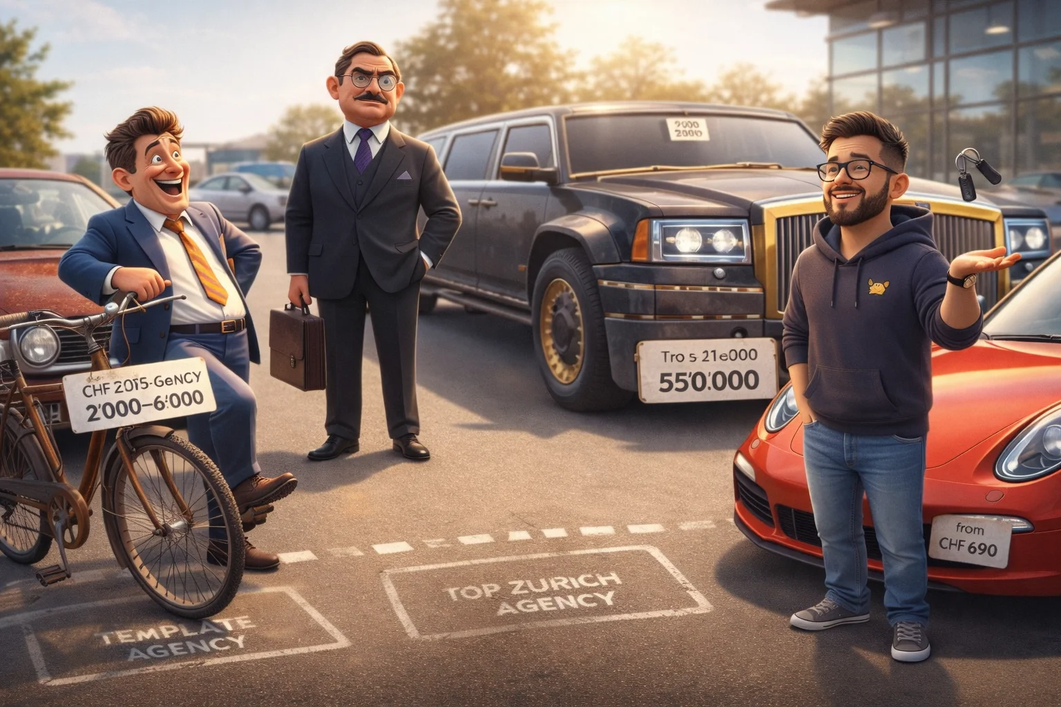 Concession automobile Pixar 3D avec trois personnages — vendeur arrogant avec vélo branlant, dirigeant impérieux avec limousine blindée et développeur décontracté de Lopes2Tech à côté d'une Porsche étincelante à CHF 690