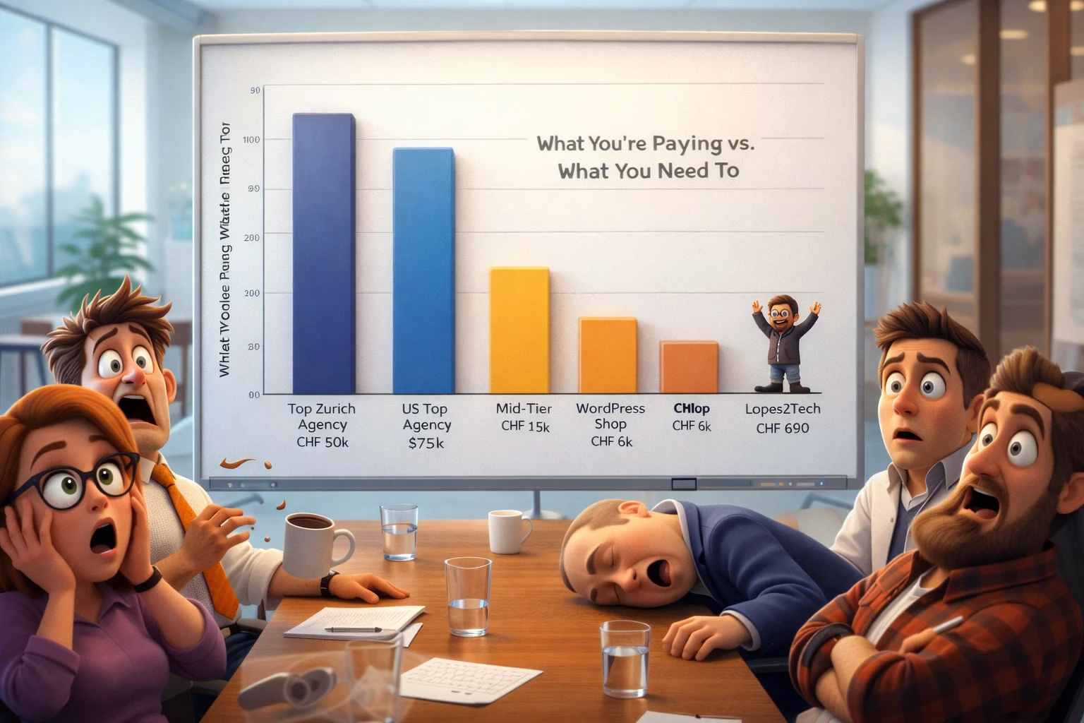 Graphique à barres Pixar 3D montrant les prix des agences mondiales — la barre CHF 690 de Lopes2Tech minuscule comparée à tous les concurrents pendant qu'un personnage célèbre au sommet