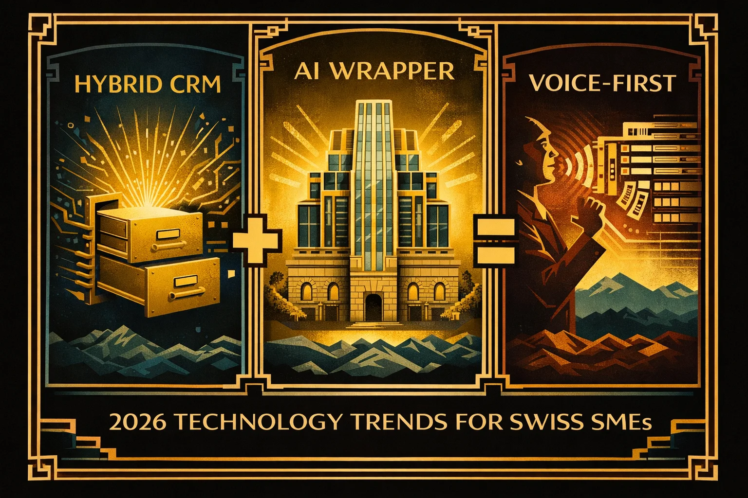 Poster Art Déco con tre tendenze 2026 per le PMI svizzere: CRM ibridi, wrapper IA per dati legacy e workflow Voice-First sul campo