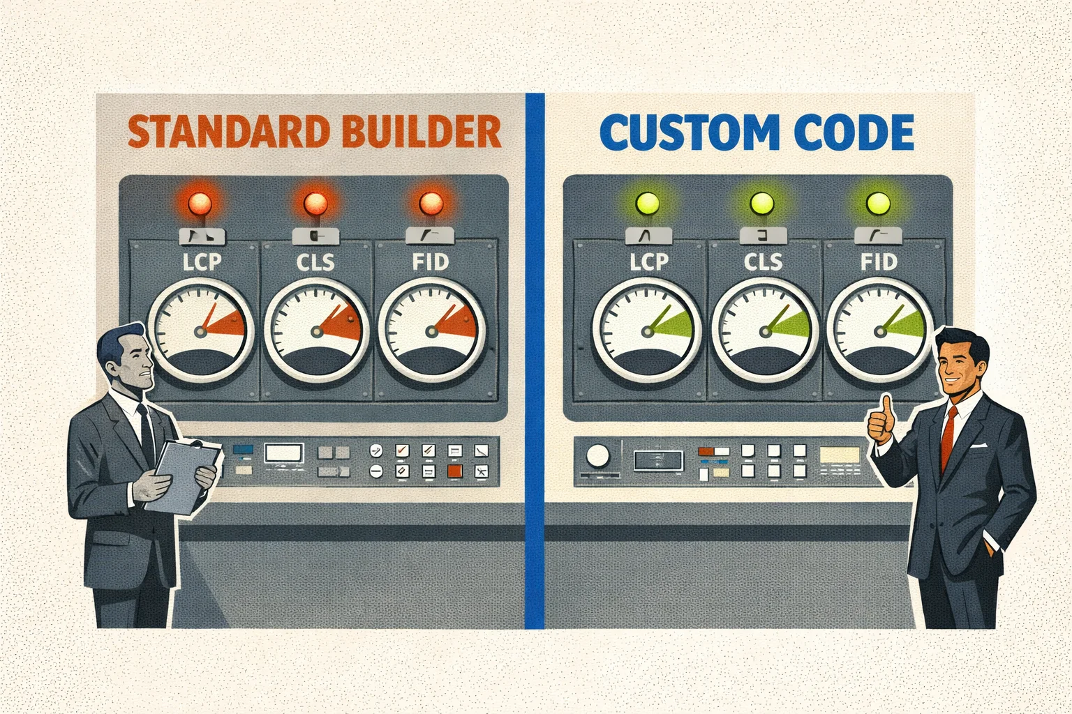 Tableau de bord années 60 montrant les Core Web Vitals dans le rouge pour les builders et dans le vert pour le code personnalisé