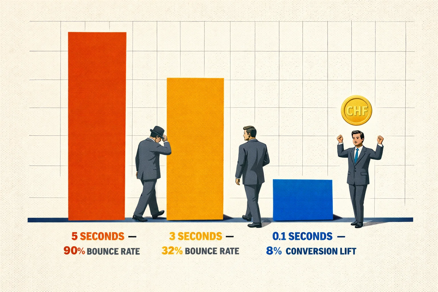 Graphique rétro montrant les taux de rebond à 5 secondes (90%), 3 secondes (32%) et 0,1 secondes (8% de hausse de conversion)