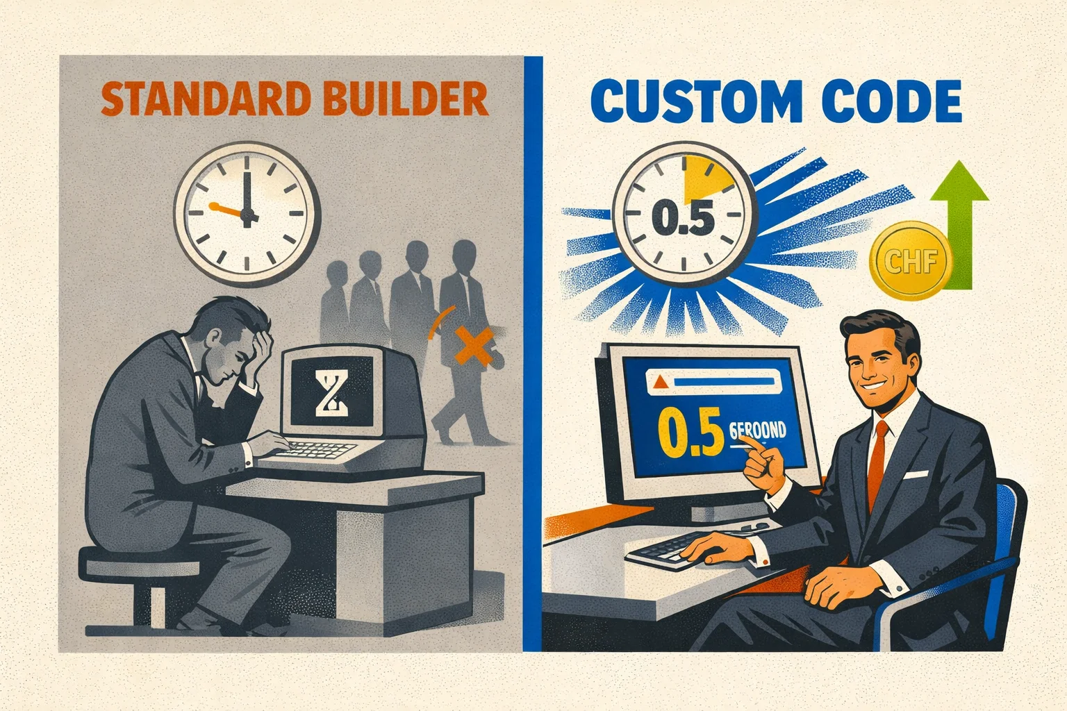 Illustration IBM années 60 montrant une figure frustrée sur un builder (3-6s) vs une figure confiante avec du code personnalisé (0.5s)