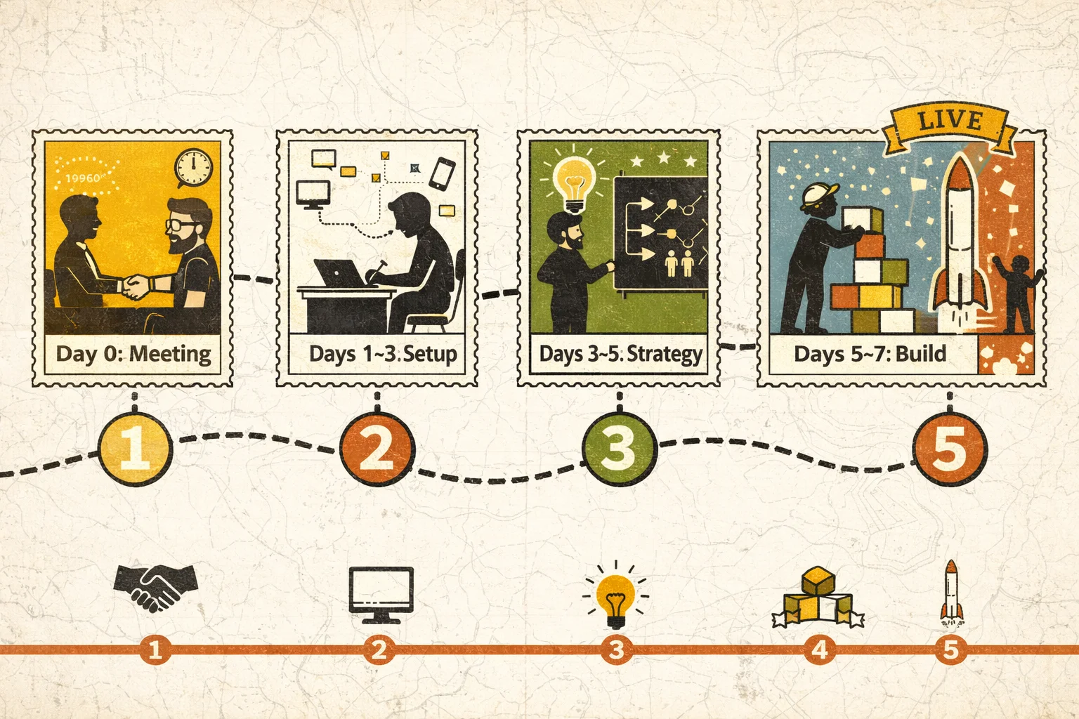 Vintage railway route map illustration showing the 5-stop 7-day Meta Ads launch process from first meeting to campaign going live