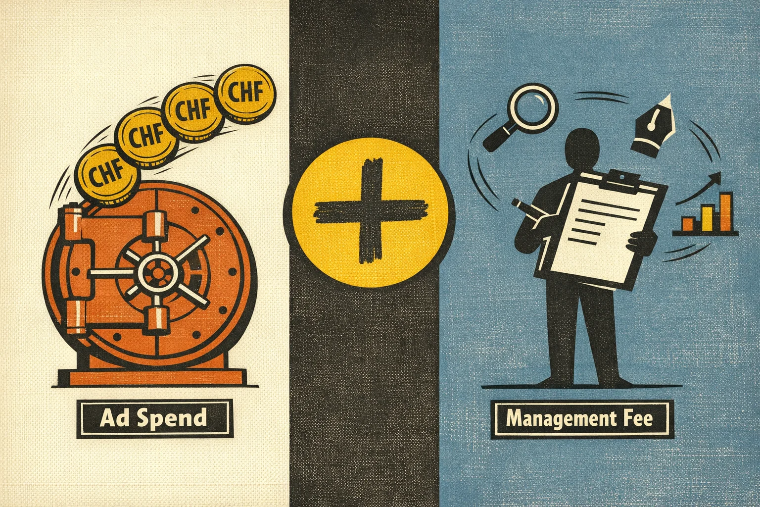 Mid-century editorial illustration showing the two-part Meta Ads pricing split: ad spend going into a vault on the left, management fee work on the right