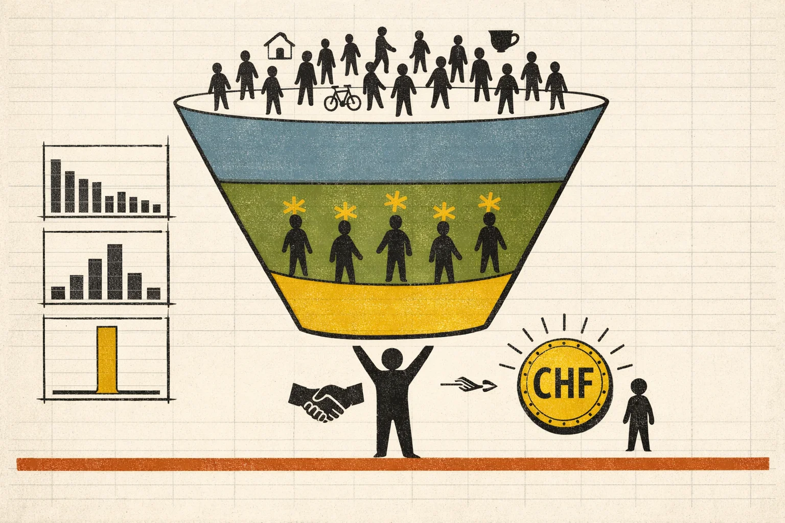 Retro 60s illustration of a marketing funnel showing a crowd of potential leads narrowing down to one satisfied client with a CHF coin