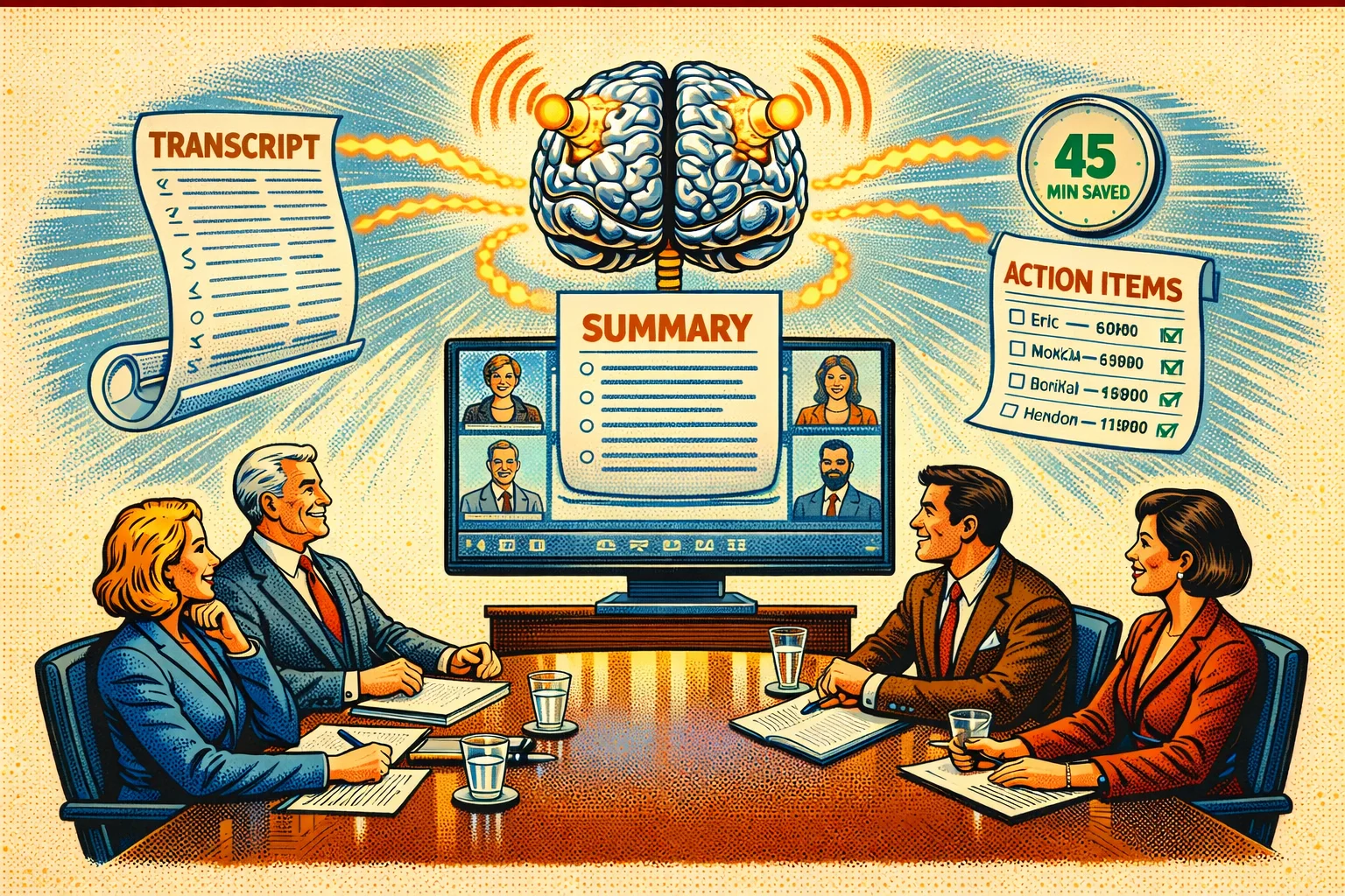Illustrazione sci-fi retrò di un cervello robot che riceve audio da riunione e produce trascrizione, riassunto e lista di azioni