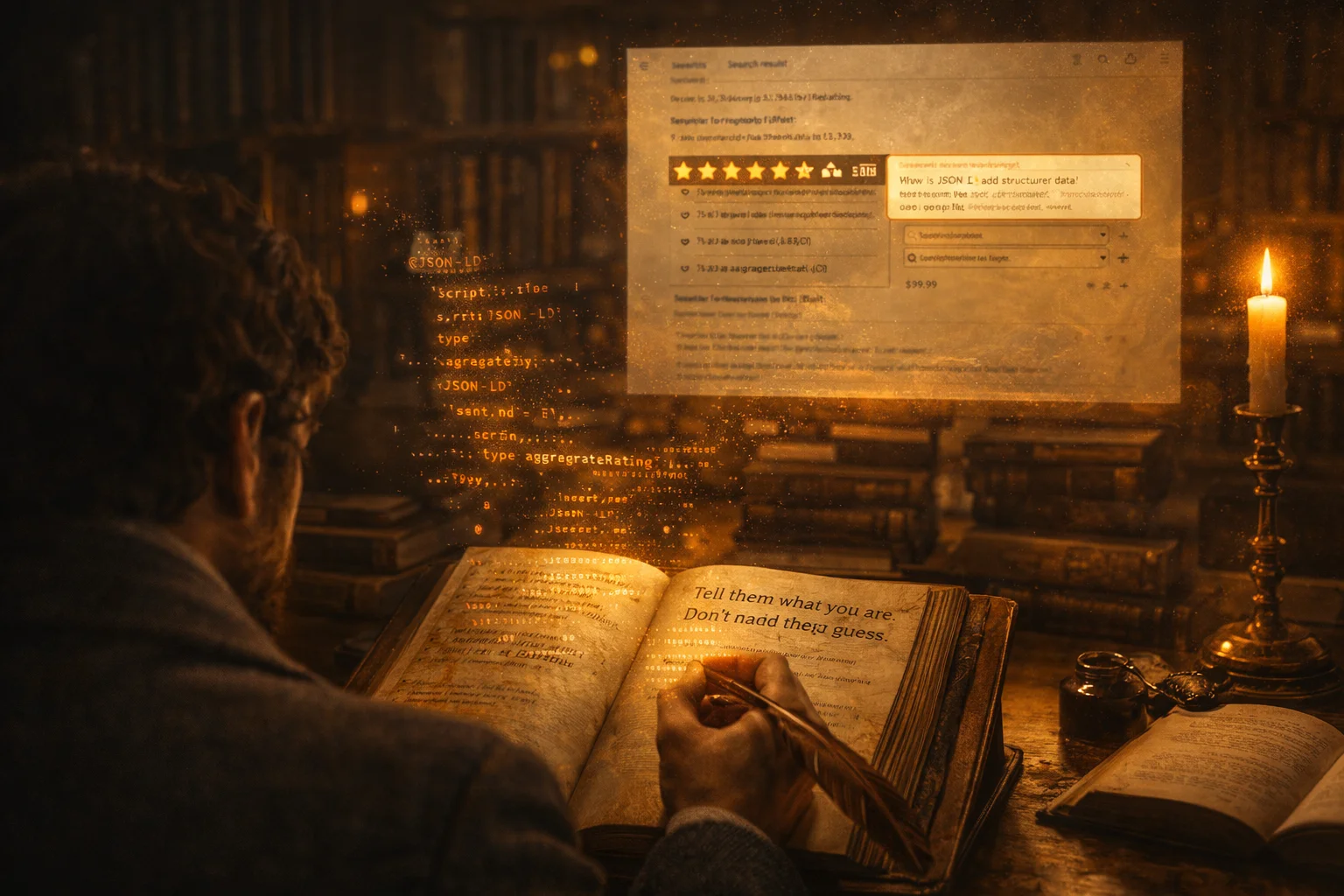 Érudit dark academia écrivant une encre invisible qui se transforme en données structurées JSON-LD montant vers un résultat de recherche Google affichant des étoiles dorées et des rich results