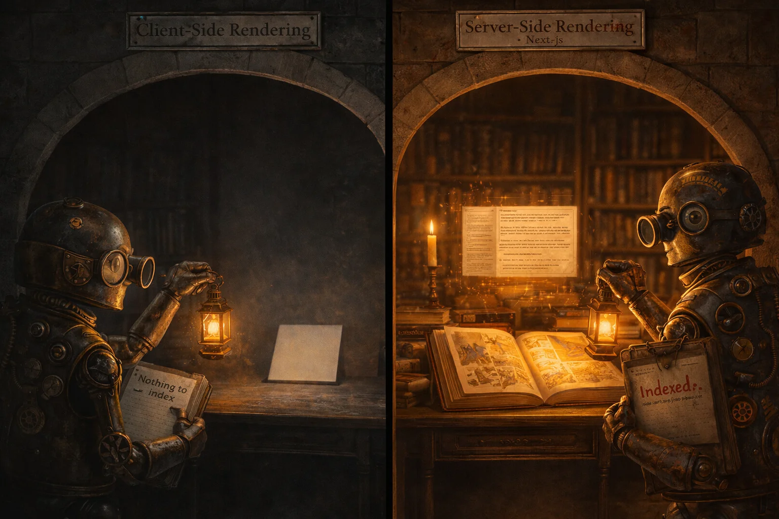 Bibliothèque dark academia divisée — automate Googlebot voyant une page blanche avec le Client-Side Rendering versus du contenu entièrement indexé avec le Server-Side Rendering Next.js